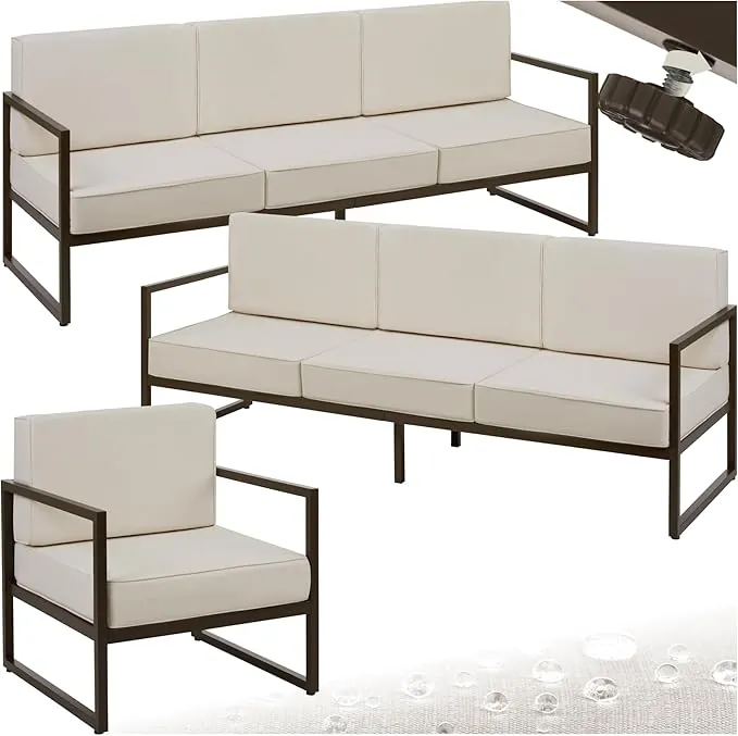 tectake® Conjunto Jardín Exterior de Acero, Sillones Terraza con Acolchado Grueso, Sillas Jardín con Pies Ajustables, Muebles Jardín Exterior, Fundas Repelentes al Agua, Sofás para Jardín - 7 plazas