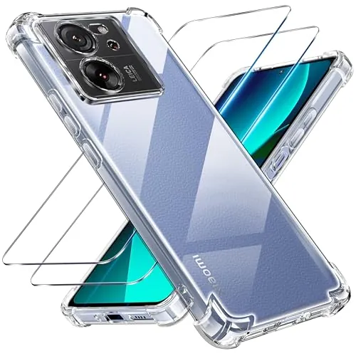 Tentoki Funda para Xiaomi 13T / Xiaomi 13T Pro, 2 Piezas Cristal Templado | Carcasa Protectora con Cojín de Aire Esquina Integrado, Antichoque, Anti-Amarillo, Transparente