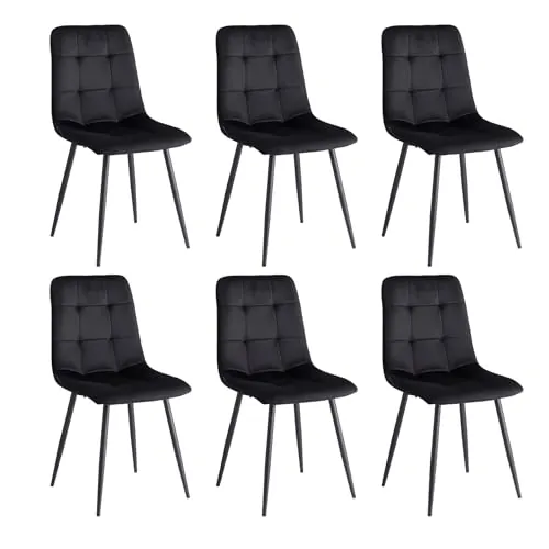 DEYARNA HOME Pack de 6 Sillas de Comedor, Sillas Cocina Nordica, Silla de Salón con Asiento Tapizado de Terciopelo y Patas Metálicas Negros (Negro)