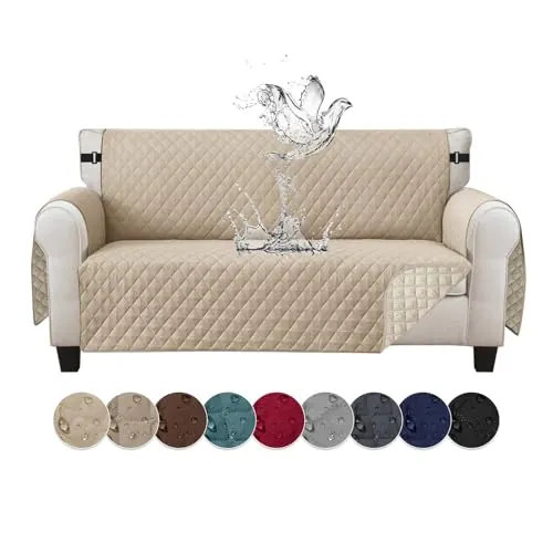 Jaotto Funda de Sofá Impermeable 3 Plazas Funda de Sofá Reversible Fundas Sofa Verano Antideslizante Protector para Sofa antigatos Arañazo Perros Mascotas,Beige