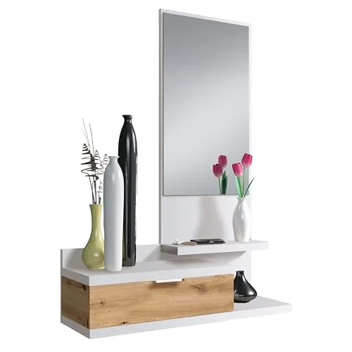 Habitdesign – Mueble Recibidor con Cajón, Espejo y 2 Baldas, Mueble de Entrada, Color Blanco Artik y Roble Nodi, 81x116x29 cm - Modelo Dahlia