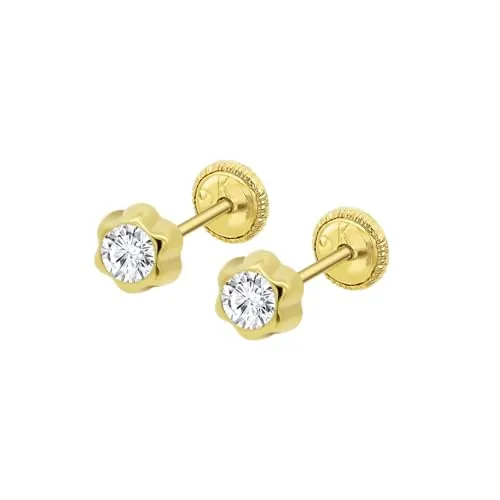 TIME ROAD Pendientes Bebé Niña de Oro 9K HIN00267/4 - Cierre Seguro de Rosca - Pendientes de Flor 4 mm - Infantil 3, 6, 12 a 24 meses - Ideal como Regalo de Nacimiento, Bautizo o Cumpleaños