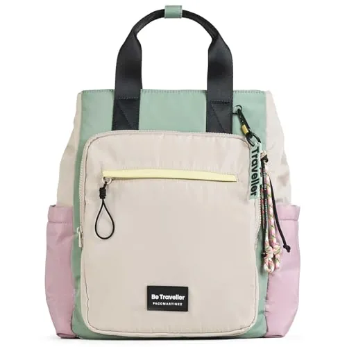 PACO MARTINEZ Mochila Traveller Multicolor para Mujer, Bolso Mochila para Portátil 13", Tamaño Grande, Asas Dobles, Color Gris, Malva, Verde Menta y Amarillo - 37x42x22 Centímetros