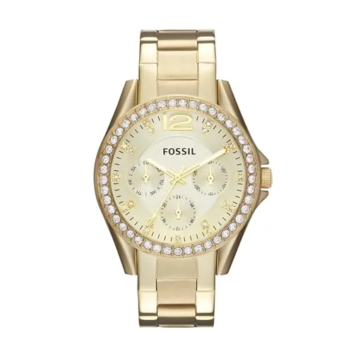 Fossil Riley Reloj para mujer, movimiento cronógrafo con correa de acero o piel, Dorado y purpurina, 38MM