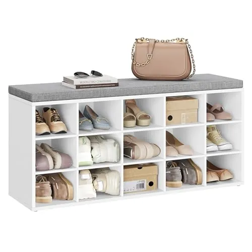 VASAGLE Banco Zapatero, Asiento Acolchado, 15 Compartimentos