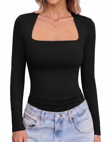 Aottori Camisetas Mujer Manga Larga Escote Cuadrado Basicas Negro L | Favorecedor, Cuello Recto, Básico, Corte Ceñido, Atemporal, Hombros Limpios, Versátil, Largo Regular, Estilo Femenino