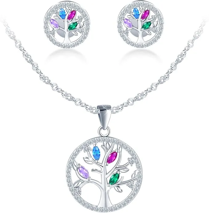 Collar y Pendientes Árbol de la Vida con Circonitas Colores para Mujer, Juegos de Joyas de Plata de Ley 925, Conjuntos de Joyas Aretes y Collar para Mujeres Novia Esposa Mamá