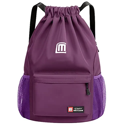 Eucomir Mochilas Gym De Malla Agua, Bolsa Impermeable De Nylon Bolsa De Gimnasio De Cordón Con Cremallera Exterior Para Deportes Vacaciones,Púrpura