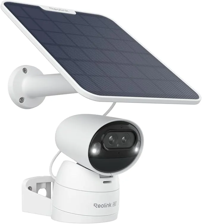 Reolink Argus Track, 4K Cámara Vigilancia WiFi Exterior Solar con Doble Lente, PTZ IP Cámara con Visión Nocturna en Color& Zoom, Seguimiento Automático, Detección de IA, Audio de 2 Vias
