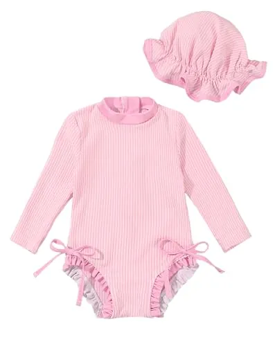 JiAmy Traje de baño de bebé niña con sombrero de sol manga larga protección UV traje de baño para bebé niña traje de baño traje de baño, Rosa., 6-12 meses