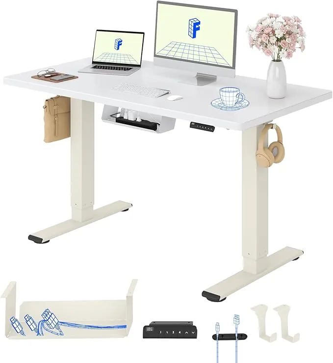 FLEXISPOT Escritorio Elevable Eléctrico con Tablero Completo y Doble Motor, 120x60 cm, Altura Regulable con Memoria, Accesorios incluidos, Sistema Anticolisión, Mousse Blanco+Blanco