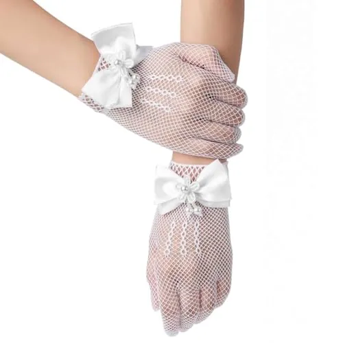 AffeGifts guantes blancos niña,ropa de red de pesca de guantes para niños de flores de boda guante blancos puros fiesta del té comunión 4-12 años (Blanco)