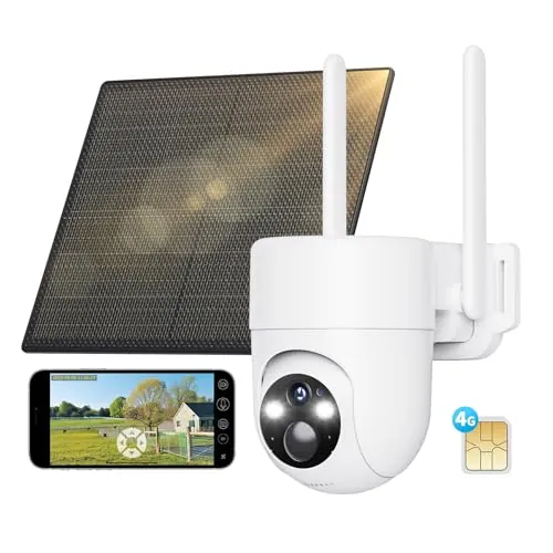 SEHMUA 4G LTE Camara Vigilancia Exterior con Panel Solar, 2K PTZ Cámara Vigilancia con Tarjeta Sim, Detección Humana PIR, Visión Nocturna, IP66 Impermeable, PTZ 355°/90°, Audio de Dos Vías