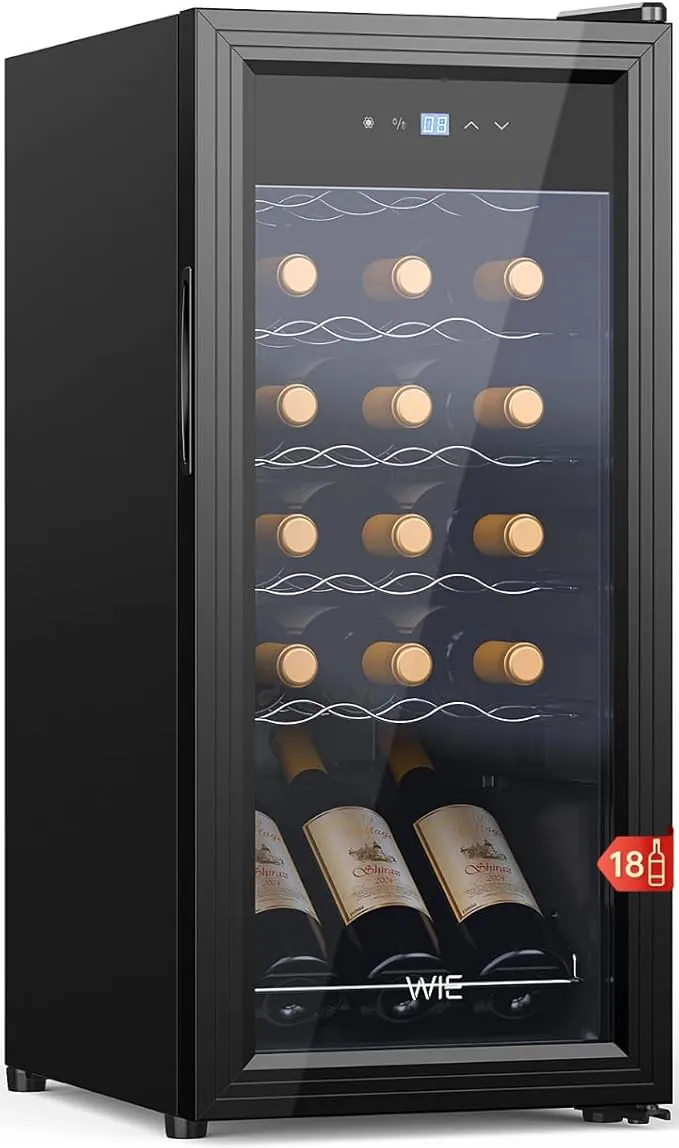 WIE Vinoteca, 18 Botellas Nevera Vinos, 53L Vinoteca Pequeña, Protección UV, Control Táctil, Iluminación LED, 5-18°C, para Vino Tinto, Vino Blanco, Cerveza, Bar Interior/Cocina/Hotel