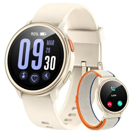aeac Reloj Inteligente Mujer,1.27" Smartwatch Mujer Redondo para iPhone/Samsung/Android,2 Correas y 120+ Modos Deportivos,Monitor de Sueño Funciones de Salud y Fitness 3ATM Impermeable,Caqui