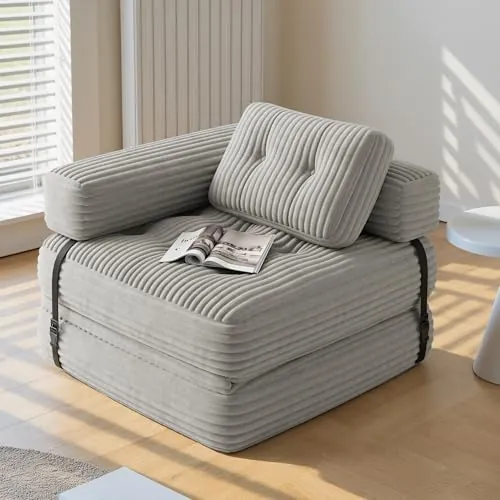 Xbro Sofá Cama Plegable con Reposabrazos en L, Sillón Convertible en Cama 2 en 1 Portátil para Espacios Pequeños, Tela de Pana con Relleno de Espuma, 170 x 85 cm Desplegado (Gris Claro)