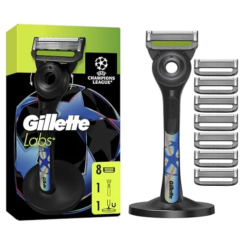 GilletteLabs UEFA Champions League Special Edition Maquinilla de Afeitar para Hombre con Barra Exfoliante, 1 Mango + 8 Cuchillas de Recambio, Incluye Soporte Magnético Prémium