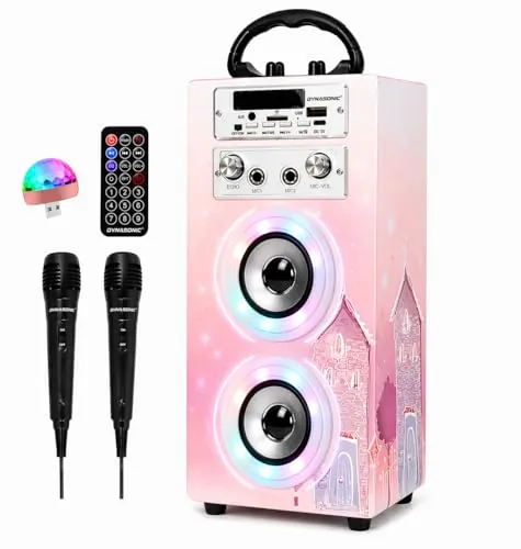 Dynasonic Karaoke Altavoz Bluetooth Portatil, 2 Micrófonos, USB/SD/AUX, Luces LED, Batería Recargable. Regalo para niños, comunión, cumpleaños y Fiestas