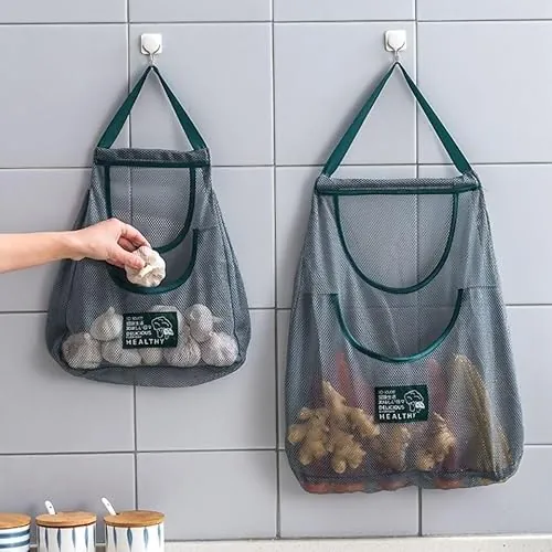 Bolsas de malla reutilizables para colgar, portátil, para el hogar, cocina, comestibles, bolsas organizadoras para frutas, verduras y picnic, Verde-2