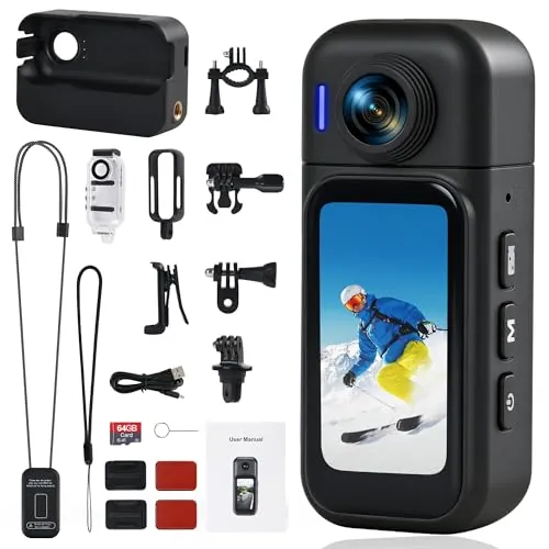 Hiwoor Cámara de Acción 360°con Pantalla Visible, 8h Batería y 30M Impermeable – 120° Gran Angular, WiFi, POV Cámara Body de 64GB, Montaje Magnético y 10+ Accesorios para Viajes, Deportes