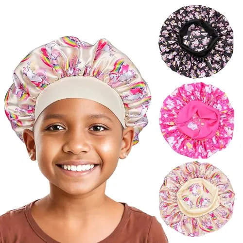 KASESSS Gorro de Seda Para Dormir Para Niños, 3 Piezas Reutilizable de Satén Para Pelo Rizado - Diseño Unicornio Para el Cuidado del Cabello de Niñas