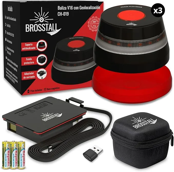 Baliza V16 Homologada DGT con Geolocalización, Pack de 4 uds, Tarjeta SIM hasta 2038, sin suscripciones, Luz de Emergencia Geolocalizada Conectada con la DGT 3.0 para Coche, Anónima (4)