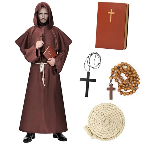 Lozzzyo Disfraz Halloween Hombre Adulto, Disfraz Monje Hombre de Halloween para Hombre con Cuaderno de Monje, Rosario y Collar, Disfraces Halloween Hombre Adulto con Temática Medieval. (M)