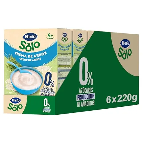 Hero Solo Papilla Crema de Arroz para Bebés Desde 4 Meses, 6 x 220 g | Papilla para el destete, Cereales sin gluten, Sin azúcares añadidos, Rica en vitaminas y fibra, Fácil de preparar