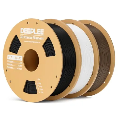 DEEPLEE PLA Basic 1.75 mm, Kit 3 Bobinas Negro, Blanco y Marrón (3 kg). Precisión ±0.02 mm. Bobina Perfecta Sin Atascos. Ideal para Principiantes. Compatible con Impresoras FDM.