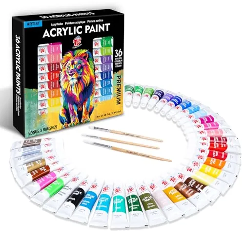Pintura Acrílica 36 Colores para Niños y Adultos – Set de 12ml con 3 Pinceles, No Tóxica, Impermeable, Permanente – Kit de Manualidades sobre Lienzo, Madera, Vidrio, Piedra – Regalo Creativo