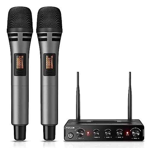 TONOR Micrófono Inalámbrico, Dual Mic UHF Sistema de Micrófono Dinámico de Mano con Receptor, Compatible con Amplificador, Sistema PA,para Karaoke Domestico/Boda/DJ/Fiesta/Iglesia,60M, Gris,TW350