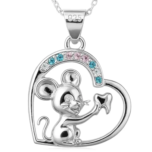 Perez&Fairy Collar Ratoncito Perez para Niñas de Plata y Laton con Circonitas | Colgante Ratoncito con Corazon | Regalo Ratoncito Perez Niña para Caida de Dientes | Hada de los Dientes