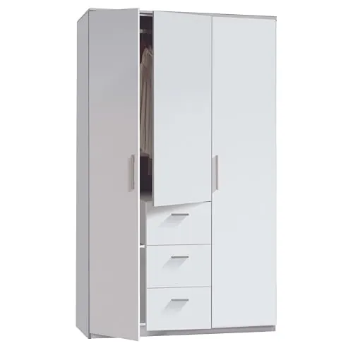 Habitdesign Armario Ropero 3 Puertas y 3 cajones, 203x117x52 (AltoxAnchoxFondo - en Cm), con Barra Colgadora y Estantes, Color Blanco Brillo