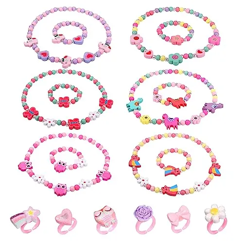 Naler 6 Kit Pulseras Collares y Anillos Niñas Conjunto de Joyería para Niñas