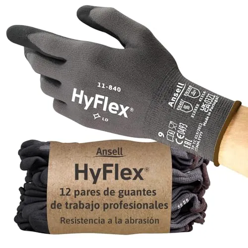 Ansell HyFlex 11-840, Guantes de Trabajo Profesionales, Recubrimiento de Nitrilo Resistente a la Abrasión, Guantes Negros Industriales, Guantes Mecanico, Guantes Nitrilo Talla XS, Caja de 12 Pares