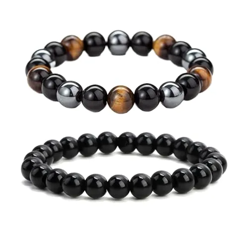 2 Piezas Pulsera de Obsidiana Negra Natural y Turmalina, 8 mm, Hilo Elástico Con Cuentas de Bolas Para Mujer y Hombre, Piedras Naturales Unisex (Set D)