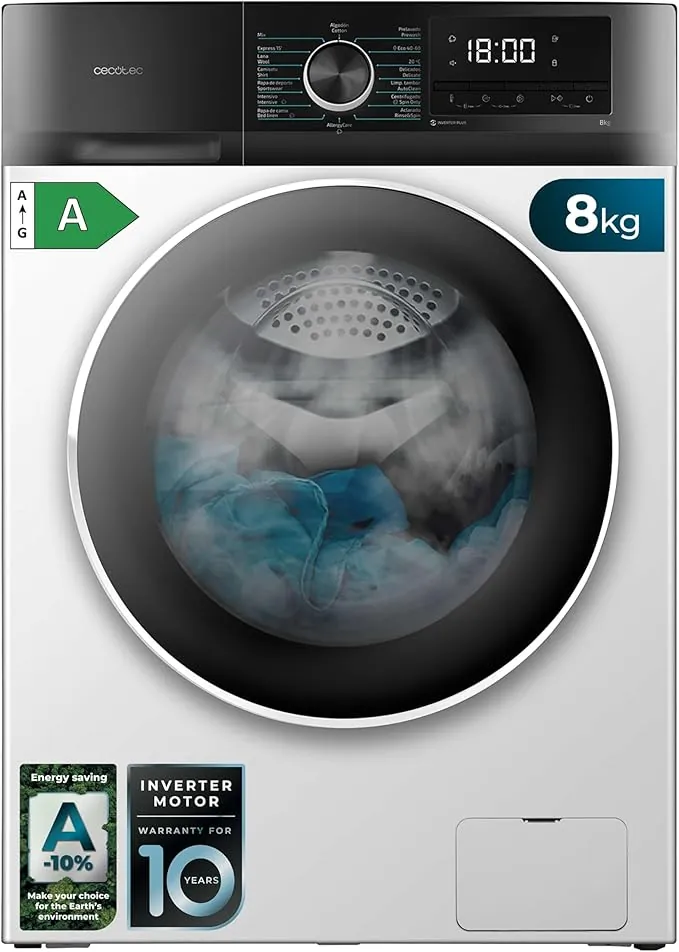 Cecotec Lavadora 8Kg Carga Frontal Bolero Dresscode 8500 Inverter A. 1900W, 1400 rpm, Motor Inverter Plus, Bajo Consumo, 16 Programas, SteamMax, Delay Start, Blanco