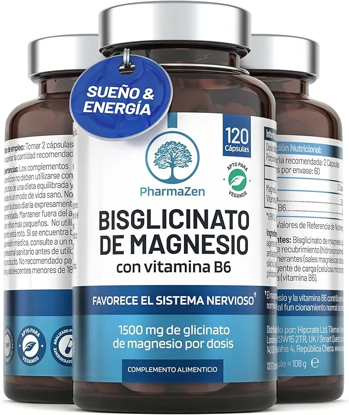 Bisglicinato de Magnesio 1500 mg - Sueño y energía - 300 mg de magnesio puro con vitamina B6 - Glicinato quelado - 120 cápsulas veganas - Alta absorción - PharmaZen