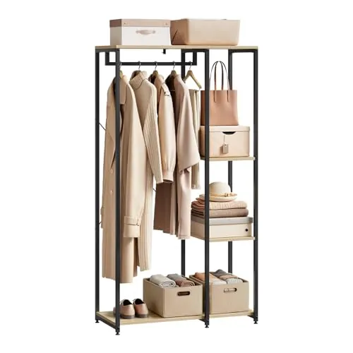 WOLTU Perchero de Pie con Estante Zapatero Perchero Burro para Colgador Ropa Metal y Madera, 90 x 40 x 167 cm