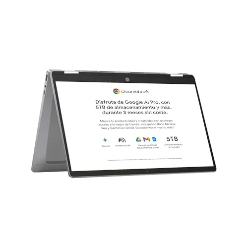 HP Chromebook x360 - Ordenador portátil de Google 14" FHD (Intel N100, 4GB RAM, 128GB eMMC, ChromeOS) + Suscripción Google AI Pro con Gemini Pro y 5TB de almacenamiento durante 3 meses -QWERTY Español