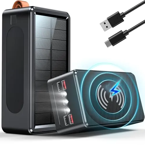 90000mAh Solar Power Bank con Carga Inalámbrica 35W PD Batería Externa de Gran Capacidad con 6 Salidas, Carga Rápida USB-C PD 3.0, Pantalla LED y Linterna SOS, Ideal para Viajes,Camping