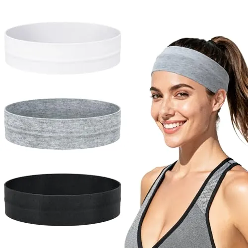 3 Piezas Diadema Mujer, Tela Antideslizante Cinta Pelo Deporte, Bandana Hombre Elástica Absorbente de Sudor, Headband Accesorios Pelo para Correr, Yoga, Gimnasio (Negro, Blanco, Gris)
