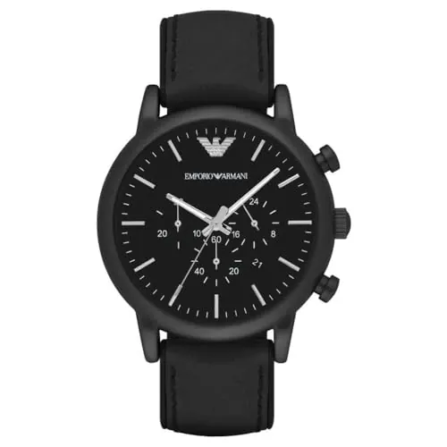 Emporio Armani Reloj Hombre, Movimiento cronógrafo, 46mm Caja de acero negro con correa de piel o silicona, AR1970, Negro azabache