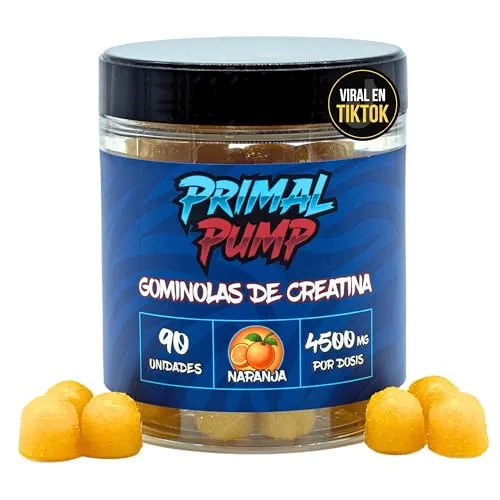 Primal Pump Gominolas de Creatina Monohidratada 4.5g - Sabor Naranja - Creatina para Rendimiento y Potencia - Sin Azúcar, Vegano y Sin Gluten