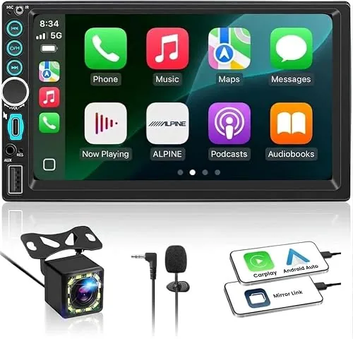 Radio para Coche 2 DIN con Apple CarPlay y Android Auto Inalámbrico, Pantalla Táctil HD 7", Autoradio Bluetooth con Cámara Trasera, Mirror Link, FM, EQ, USB, Tipo-C, SWC, Micrófono, Navegación GPS