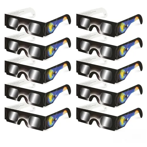 QIWEI Gafas para Eclipse Solar QW-SOZ4 [Pack de 10], Certificadas EN ISO 12312-2, Visores Solares Seguros para Observación Directa del Sol, Filtros de Alta Definición