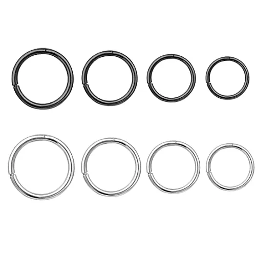 8 Piezas Anillos de Nariz y Pendientes de Aro, 316L Acero Quirúrgico Sleeper Septum Clickers Con Bisagras - 1 mm de Espesor (Negro/Plata)