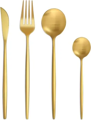 Bestdin Juego de cubertería para 6 personas, 24 piezas, acero inoxidable, color dorado mate, con cuchillo, tenedor, cuchara, acero inoxidable, apto para lavavajillas.