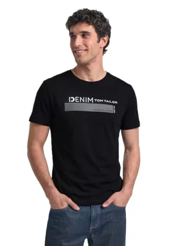 TOM TAILOR Denim Hombre Camiseta con logotipo impreso 1030693, 29999 - Black, XXL
