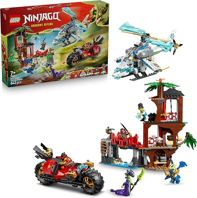 LEGO Ninjago Batalla de Vehículos Ninja Junto a la Casa del Árbol - Moto y Helicóptero de Juguete - Minifiguras de Acción con Armas Ninja - Regalo para Niños 7+ Años - 71857